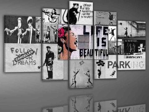 887 Banksy Life is Beautiful 5Luik Canvas Schilderij 200x100