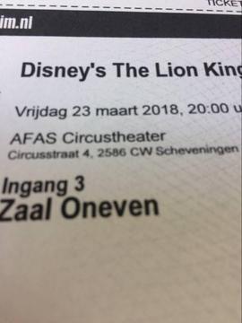 3 kaartjes Lion King vrijdag 23 maart