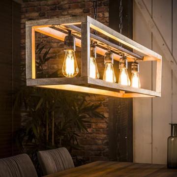 [Webshop] Industriële hanglamp Thelma 5-lamps, mango-hout