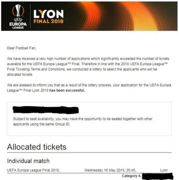 Two tickets for the Europa League FINAL in Lyon - 600 euro
