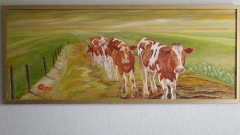 Olieverfschilderij 101 x 245 cm panorama op houten paneel