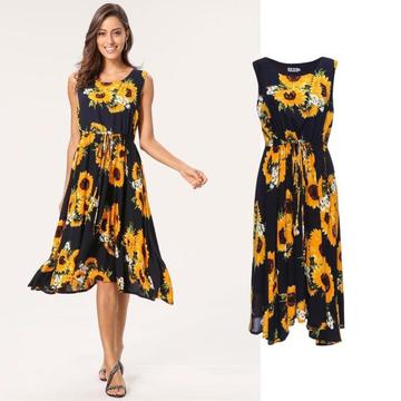 Mouwloze midi-jurk met zonnebloemen (S,M,L,XL)