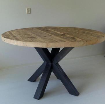 Eettafel tafel, Rond oud hout, Steigerhout, Kruispoot, Twist