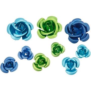 Metalen rozen blauw/groen assorti 8, 12 en 15 mm 27 stuks