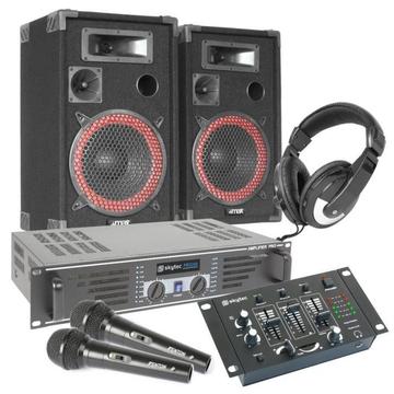 SkyTec Complete 500W DJ Set met Boxen, Versterker, Mixer, Ko