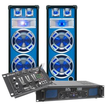 SkyTec blauw Complete 1000W DJ Set met PA Versterker, Disco