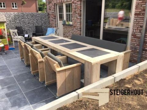 Steigerhout Tuinset tafel bank stoelen Tuintafel natuursteen