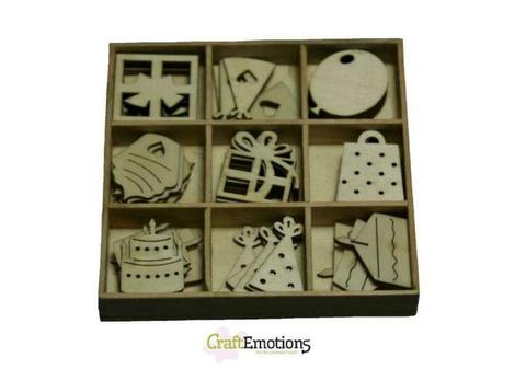 CraftEmotions houten ornamenten party 30 stuks box 10,5 x 10