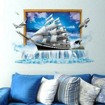 Miico Creative 3D Sea Sailboat Waterfall Frame PVC Remova