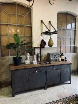 Vintage dressoir, metaal industrieel keukeneiland, toonbank