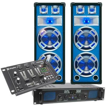 SkyTec blauw Complete 500W DJ Set met PA Versterker, Disco L