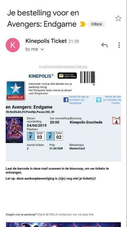2 tickets voor Avengers Endgame (3D) kinepolis Enschede 24-4
