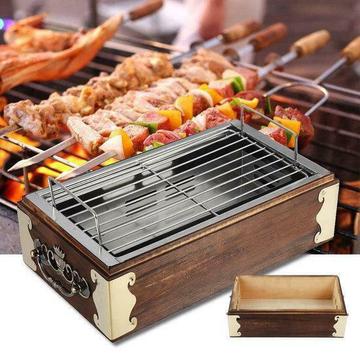 Draagbare RVS Hout BBQ Grill Barbecue Koken Huishouden BB
