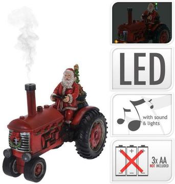 Kerstman Op Tractor met licht 28cm
