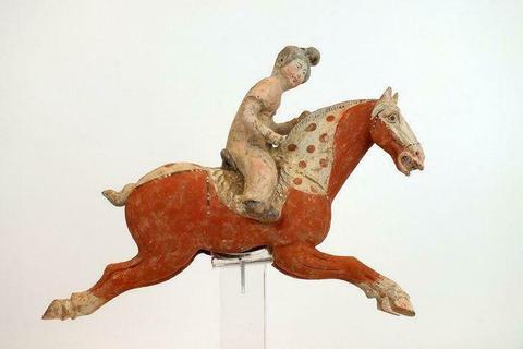 Mingqi - Tempera - Painted Red Pottery Female Polo Player As